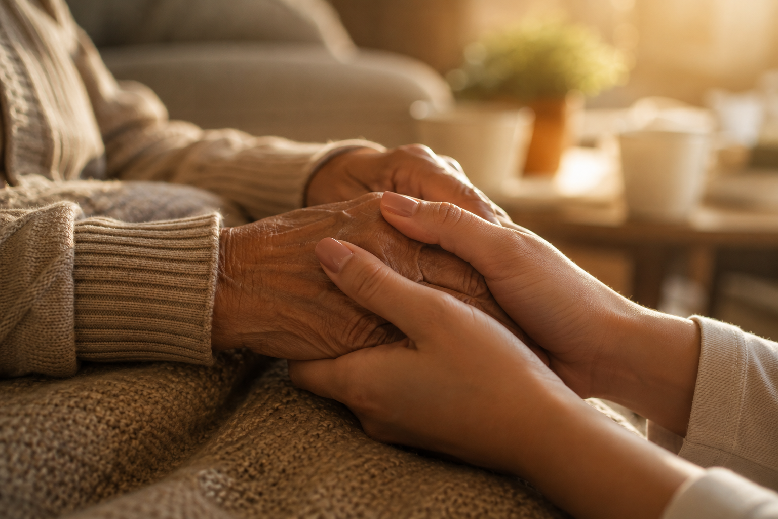 Mãos de gerações diferentes se segurando, simbolizando apoio familiar