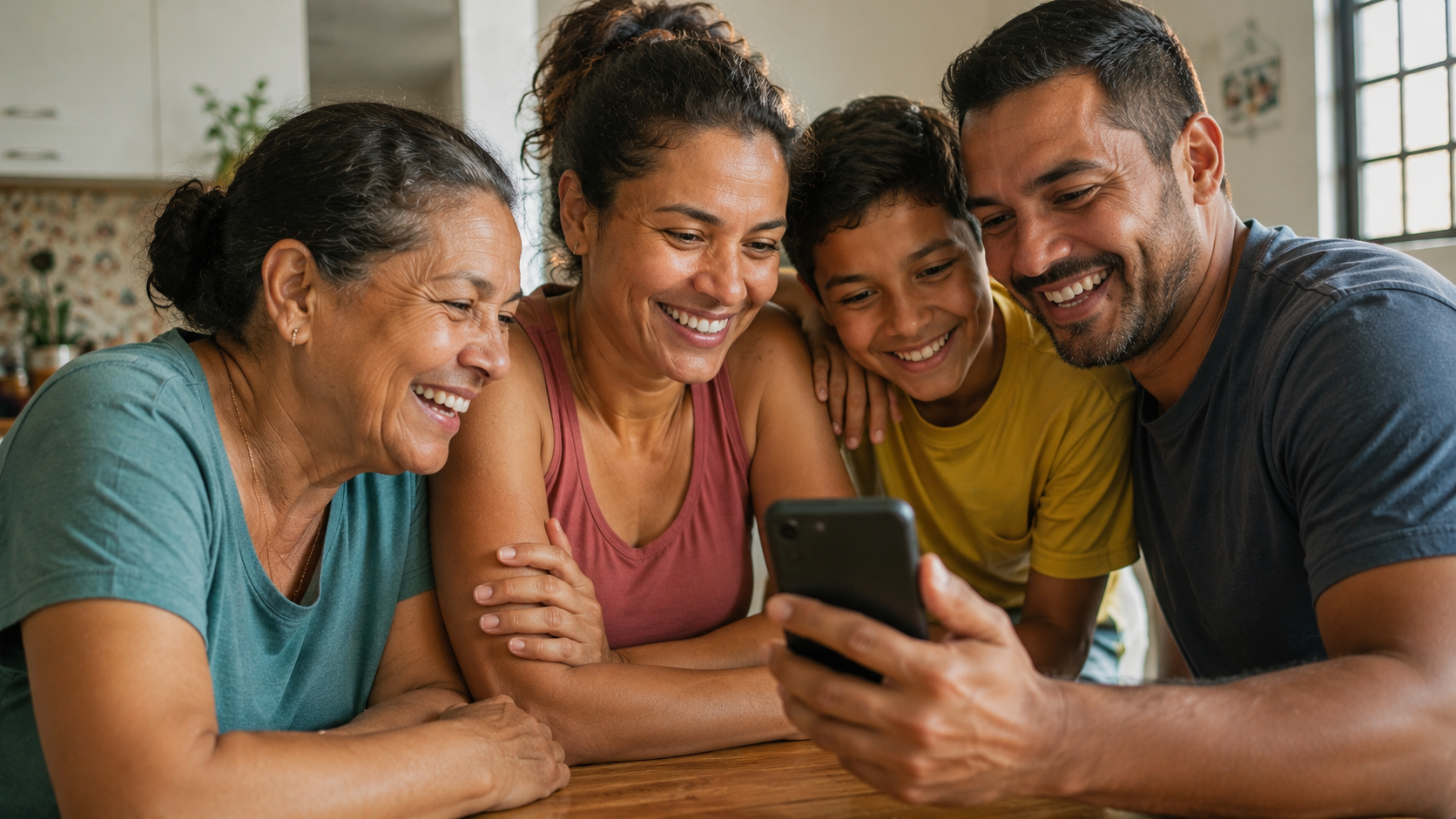 Família brasileira sorrindo enquanto usa o aplicativo Clube Yellow